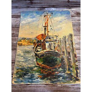 Mid Century Modern Abstract Ship Scene Oil on Board, Unframed